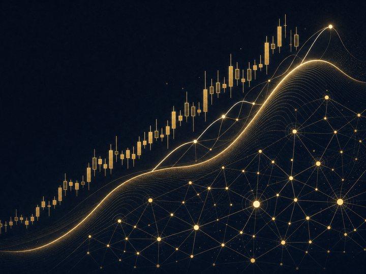 Gold candlestick chart cresting into a network of connected nodes on a dark navy background