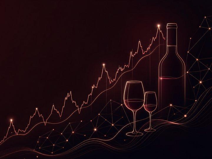 A gold forecasting price chart rising into a network of nodes, with a wine glass and bottle outlined in gold on a dark navy background