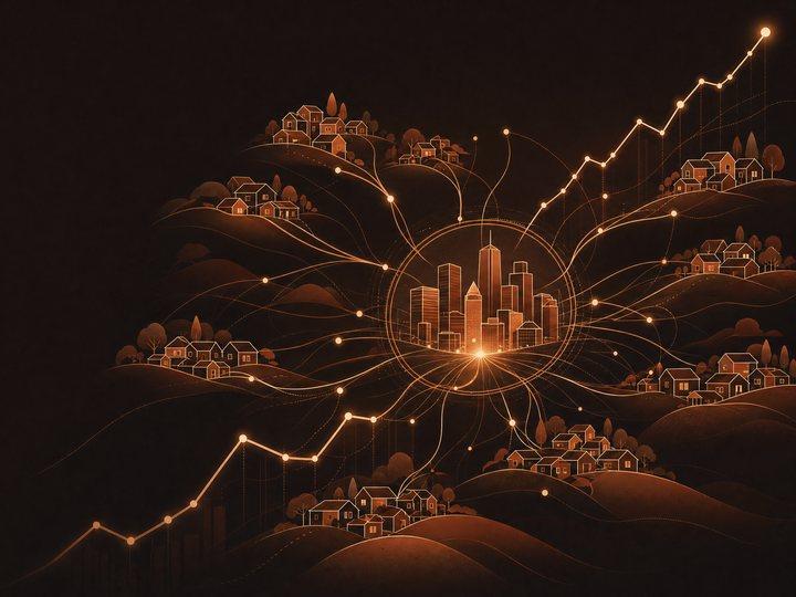A glowing amber city skyline hub connected to surrounding neighborhoods by forecast lines, on a dark clay-terracotta background