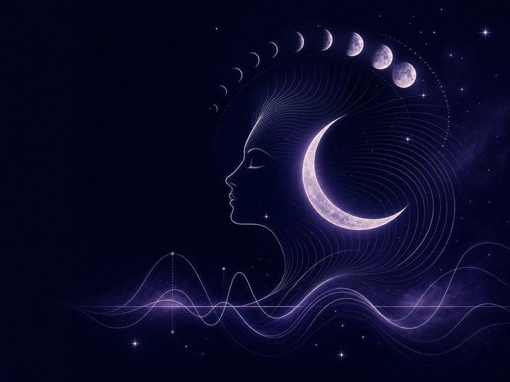 A gold line-art profile silhouette beside a glowing crescent moon and an arc of moon phases on a dark navy background