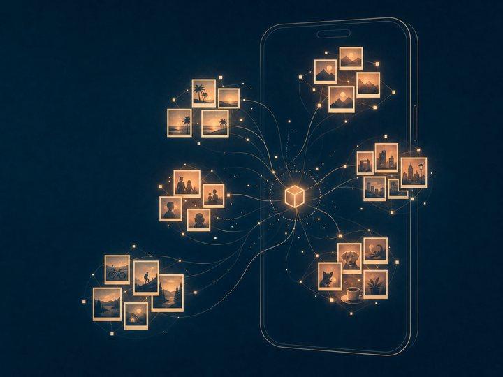 Gold photo-frame icons clustering into a smartphone outline on a dark navy background