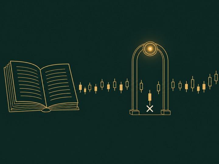 An open gold-line rulebook sending a stream of candlestick shapes through a gold archway checkpoint with a glowing lens, where one candlestick is stopped with an X, on a deep green background