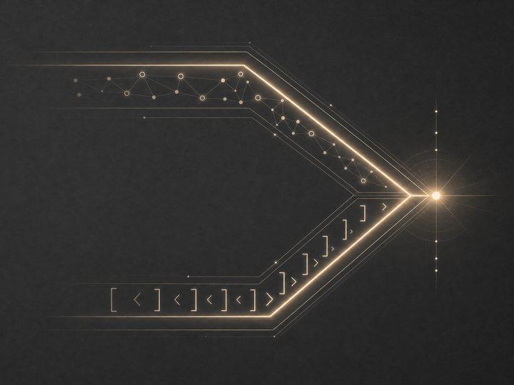 Two gold paths, one lined with network nodes and one with API brackets, converging at a glowing decision point on a dark navy background