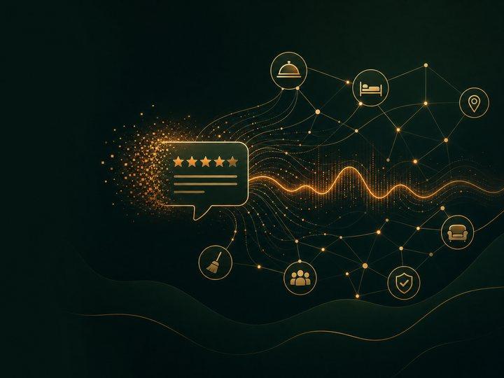 Gold star-rating review cards dissolving into data particles connected to a network of hospitality icons on a dark navy background