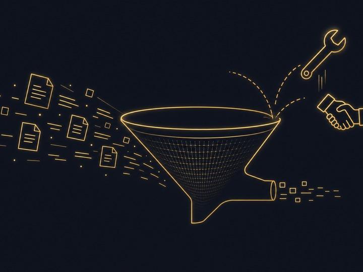 A gold-line funnel filtering abstract document shapes through to one side, while a wrench and a handshake bounce off the rim and fall away on the other side, on a dark navy background