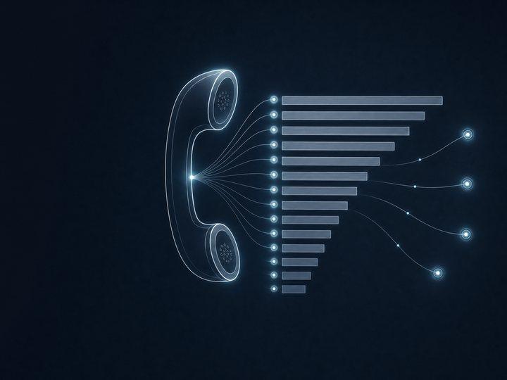 A glowing telephone handset connected to a ranked list of bars tapering from longest to shortest, converging into contact nodes, on a steel-blue background