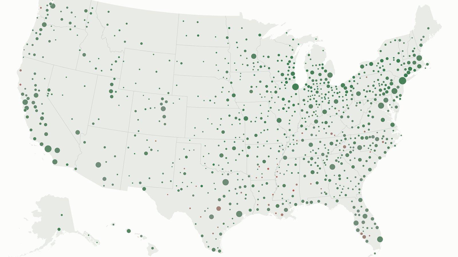 Groundwork's national map, one dot per metro sized by market and colored green or red by its 12-month forecast