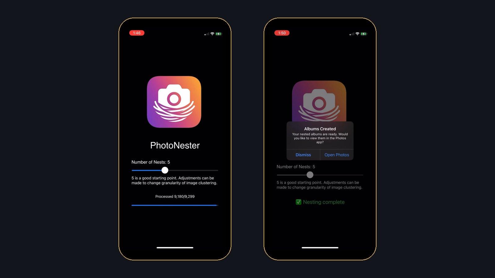 Two PhotoNester iPhone screens: a library mid-scan at 9,180 of 9,299 photos, and the finished run offering to open the new albums in Photos